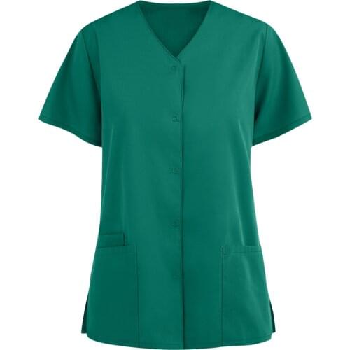 Multi-Pocket Solid Color Nursing Scrubs Tops For Health Care Workers Work Uniform Women Short Sleeve Button V-Neck T-Shirt A50