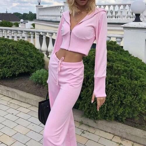 Spring and Autumn Womens Sportswear 2-piece Set Womens Jogging Hooded Zipper Crop Top + Lace-up High-waist Straight-leg Pants