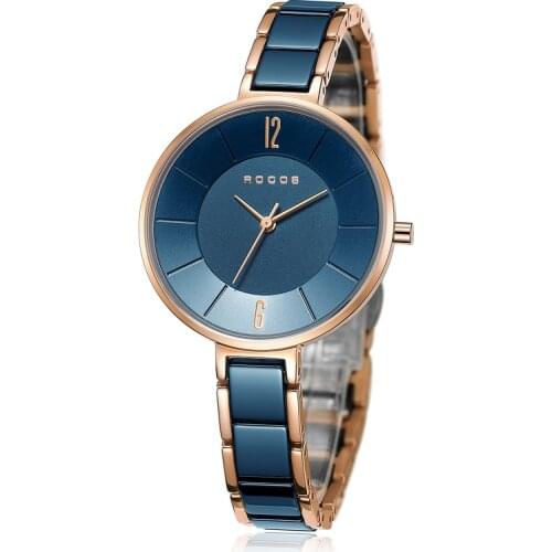 ROCOS Womens Ceramic Quartz Watch 3D Concave Blue Dial Modern Simple Fashion Waterproof Wristwatch Small Slim Lady Dress Clock