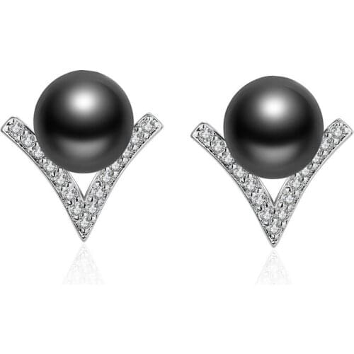 New Fashion 2 Colors Pearl Stud Earrings for Women Bijoux Femme White Gold Plated V Shape Cubic Zirconia Earring Kolczyki Gift