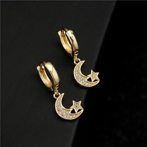 NEWBUY 2021 Fashion Gold Color Dangle Earrings For Women Unique Design Moon & Star Shape CZ Earring Female Wedding Jewelry
