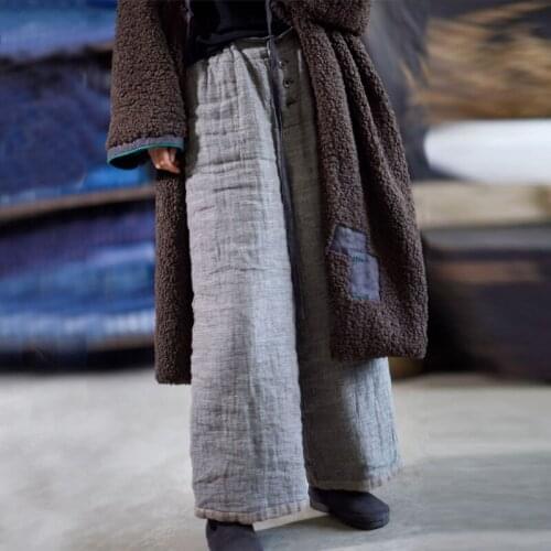 Johnature Women Thick Warm Wide Leg Pants Elastic Waist Gray Original Vintage Cotton Linen Trouser 2020 Winter New Casual Pants
