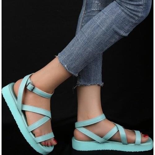 Women Sandals Flats Shoes Summer PU Ankle Buckle Strap Gladiator Cross Ladies Comfort 2021 Casual Female Plus Size Woman Shoe