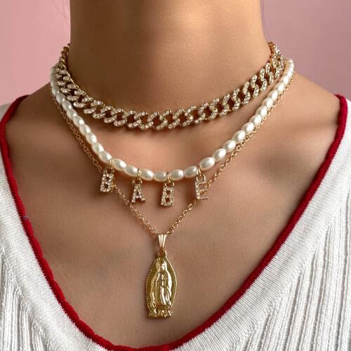 Custom Crystal Letter Pearls Choker Necklace For Women Golded Multilayer Virgin Mary Charm Thick Cuban Link Necklace DIY Jewelry