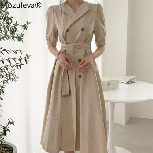 Mozuleva 2020 Women Summer Dress 3 Colors High Waist Double Breasted Puff Sleeve Casual Lace Up Elegant Long Dress Bandage Dress