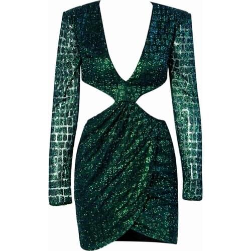 New Arrival Mesh Sequin Dress 2019 Women Summer Long Sleeve Deep V Neck Green coral Red Sexy vestidos Mini Club Party Dresses