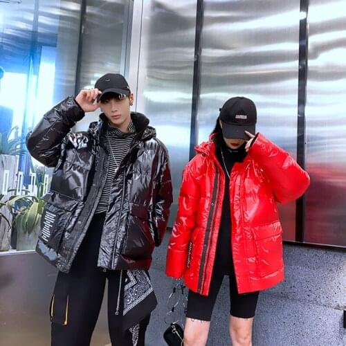 Winter down jacket men outdoor leisure couple models shiny loose version white duck down men women jacket hooded parka