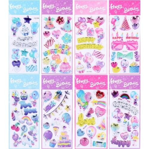 3 Sheets Children Kids Birthday Party Stickers Sequins Quicksand 3D Sticker Toy Candy Color Cake Balloon Unicorn Decoration Gift
