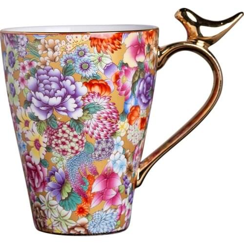 380ml Bird Cup Enamel Painted Gold Jingdezhen Ceramic Water Cup Office Gift Cup