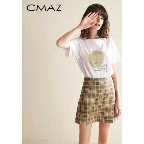 CMAZ Female Two-piece Set 2019 Summer Fashion Women Printed T-shirt Top and Green Plaid Mini Skirt Suits MX19B3444
