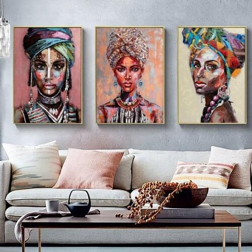 Europe Graffiti African Tribal Woman Oil Painting Abstract Turban Lady Canvas Painting Art Wall Picture for Living Room Decor