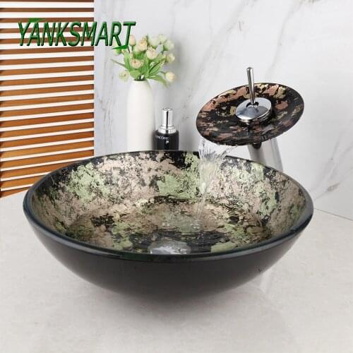 YANKSMART European Wash basin Tempered Glass Hand-Painted Bowl Tap Lavatory Bathroom Sink Bath Brass Faucets Mixer Tap Set