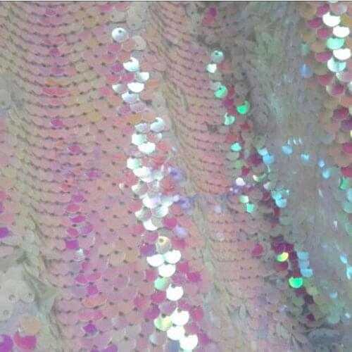 Good Wide 128cm Rainbow White Sequin Mesh fabric Fish Scales Shining Sequins Lace Fabric DIY Sewing Wedding Dress Nightclub
