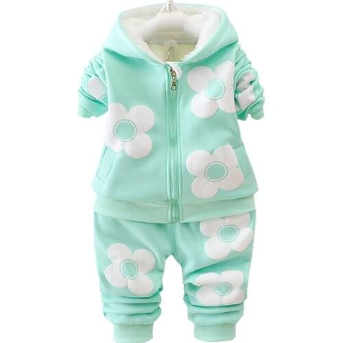 Autumn Winter Children Girls Clothing Sets Baby Add Cotton Hoodies Pants 2Pcs/Sets Kids Fashion Twinset Toddler Flower Tracksuit