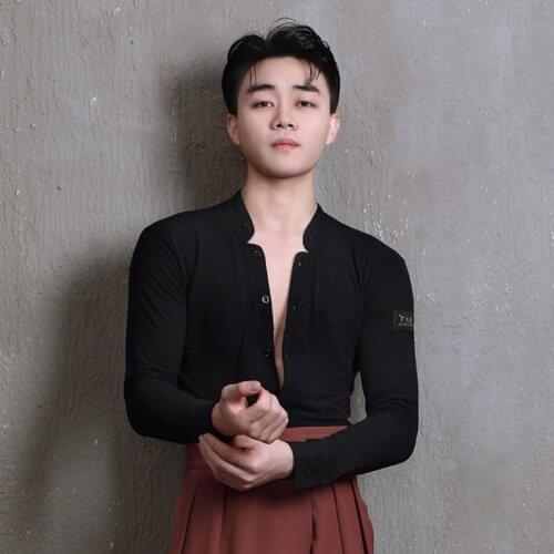 New Latin Dance Costume Mens Tops Fashion Korean Long Sleeve Shirts Ballroom Competition Clothing Tango Cha Cha Wear DNV14279