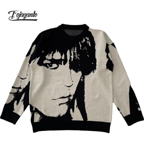 FOJAGANTO Mens Trend Retro Round Neck Sweater Japanese Street Portrait Sweater Youth Loose Casual Black and White Sweater Male