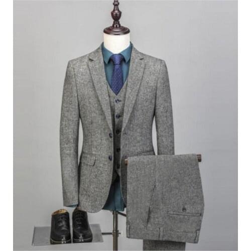 Real Photo Winter Tweed Fabric Mens Work Business Suits Slim Fits Groom Tuxedos Prom Party Coat Waistcoat Trousers Sets