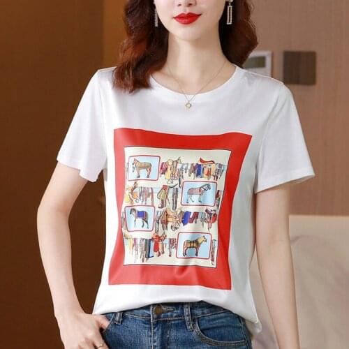 Summer New Short Sleeve Print Patchwork Satin Short Sleeve T-Shirt O-Neck Womens T-Shirt plus size