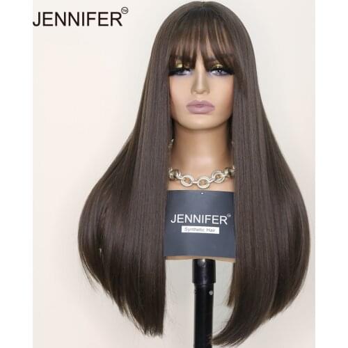 Long Straight Wig with bangs Synthetic Wigs For Women Hair Heat Resistant Fiber Brown Black/Brown Full Mechanism wigs Cosplay