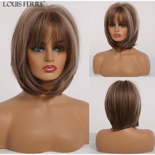 LOUIS FERRE Short Straight Bob Hair Wig with Bangs Cute Lolita Cosplay Party Wigs for Women Mixed Brown Ash Gray Synthetic Wigs