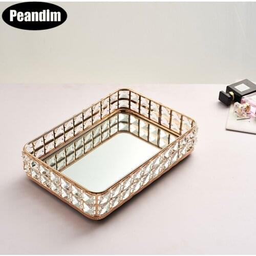 PEANDIM Crystal Tray Mirror Cake Stand Gold Jewelry Storage Tray Wedding Party Cupcake Home Desktop Makeup Organizer Tray