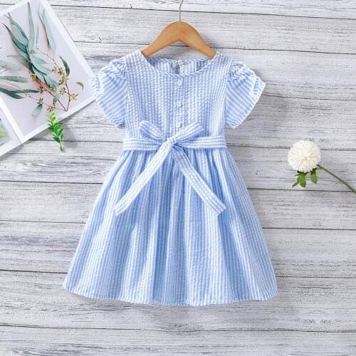 Dress Vertical Stripes Loose Middle Length Girls Short Sleeve Dresses Skin-friendly Baby Summer Clothing Lace Up Casual Wearing