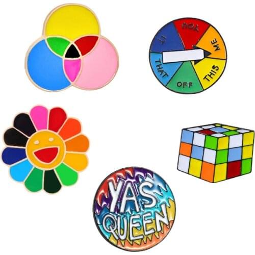 Colorful Flower Cube Enamel Pins Rainbow Circle YAS QUEEN Game Turntable Brooch Cartoon Bag Badges Shirts Lapel Jewelry Gifts