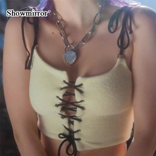 Showmirror Summer Solid Color Short Camisole Sleeveless Suspenders Lace-Up Tops With Cross-Over Design Sweet Casual Women