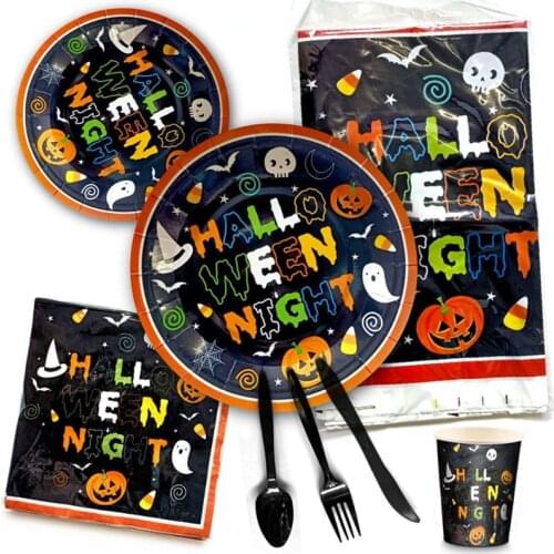 Halloween Tablecloth Banner Decoration Halloween Night Paper Cup Paper Plate Knife Fork Spoon Set Party Supplies