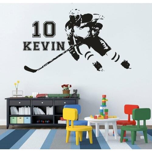 Boys Sports Room Decor Vinyl Wall Custom Sports Man Decal Hockey Sports Player Wall Art Sticker Personalized Name Sticker