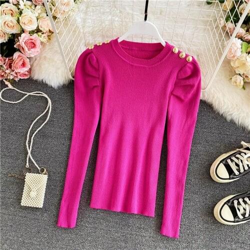 Vintage Puff Long Sleeve Knitted Sweater Pullovers Girls Solid Buttons O-neck Streetwear Winter Sweaters Tops Jumpers Women