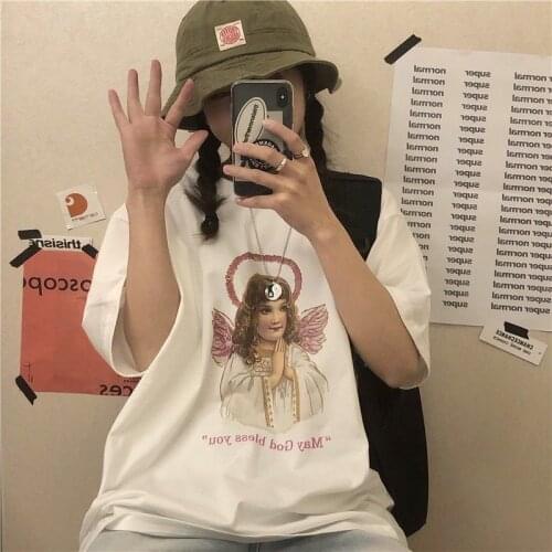 2021 Summer Cartoon Pattern Harajuku T-shirt Aesthetic Goth Punk O-neck Top Womens Summer Loose Oversized Streetwear