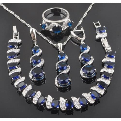 2020 New Blue Stones Silver Color Jewelry Sets For Women Wedding Zirconia Bracelet Pendant Earrings Ring QS0136