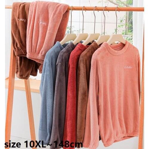 Size 10XL Bust 148cm Women winter flannel long sleeve thickening velvet coral fleece home suit Sleepwear Homewear