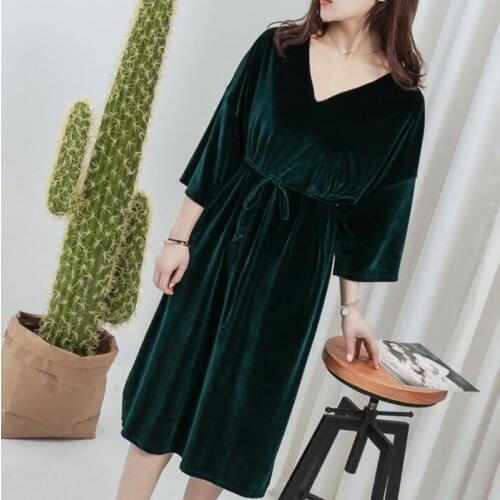 2020 Spring women fashion deep V-neck three quarter sleeve sexy Velvet dress,brand velour Elegant Dress plus size dresses