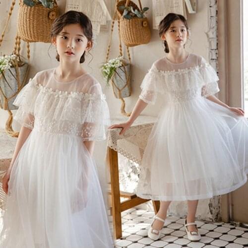 4-15 Years Kids Summer Dress For Girls Short Sleeve Mesh Embroidery White Princess Party Dresses Cute Korean Style Gilr Clothing