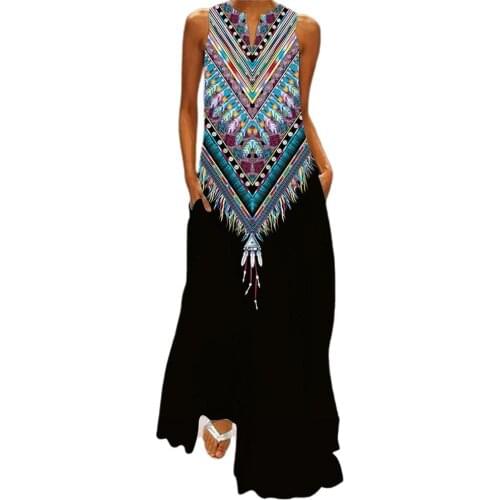 Retro Print Jurken Women Summer Sleeveless Maxi Beach Dress V-neck Pockets Loose Maxi Dress Sundress vrouw Clothing
