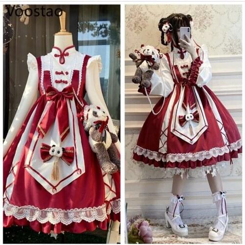 Winter Women Sweet Lolita OP Dress Girly New Year Kitchen Maid Chinese Style Panda Bowknot Princess Dress Lace Cheongsam Dresses