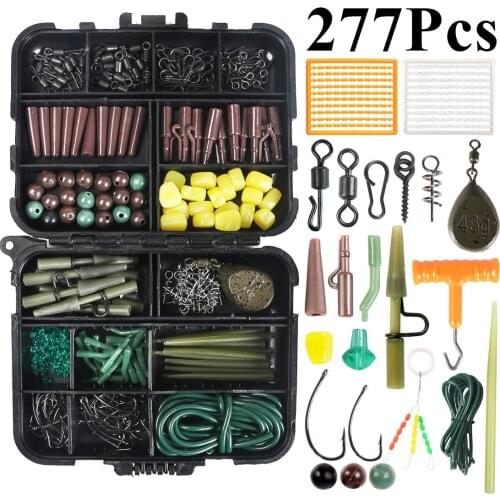 277Pcs/Box Carp Fishing Tackle Including Carp Hooks Swivels Prevent Knot Sleeves Hook Stop Beads Boilie Bait Screw Tail Rubber