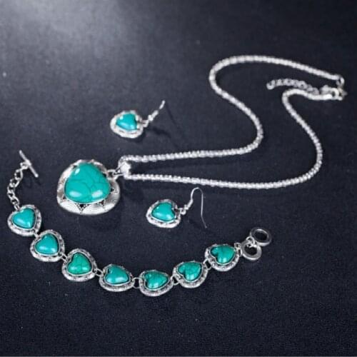 Turquoise Retro Heart-shaped Jewelry Sets Pendant Earring Bracelet 925 Silver Necklace Fashion Charm Amulet for Men Women Gifts