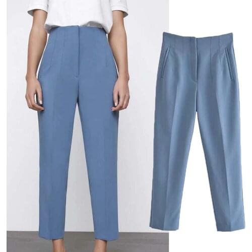 Spring Autumn Za Pants Women Fashion With Pockets Office Wear Pants Vintage High Waist Zipper Fly Female Ankle Trousers Mujer