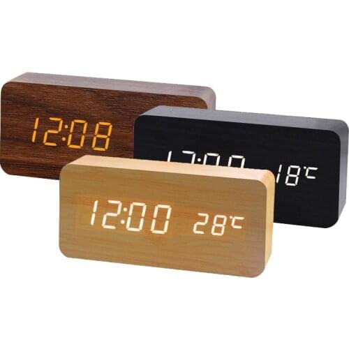Alarm Clock LED Wooden Watch Table Voice Control Digital Wood Powered Electronic Desktop Clocks