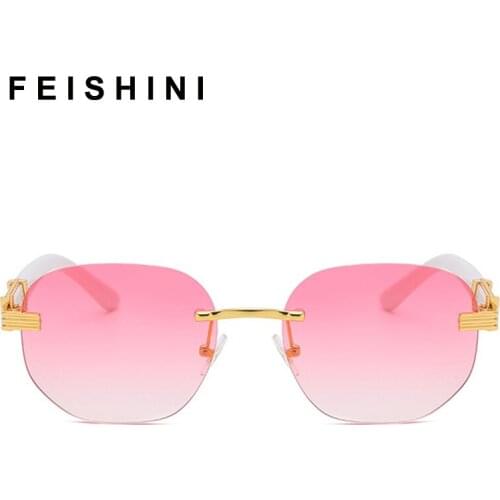 FEISHINI Latest European Popular Luxury Brands Oval Sunglasses Women Vintage Pink Gradient lens High Quality Eye glasses Rimless