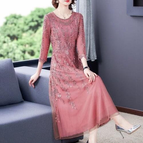 High Quality Comfortable Autumn Retro Round Neck Embroidery Printing Simple Elegant Casual Slim Long Sleeve Dress Women y765