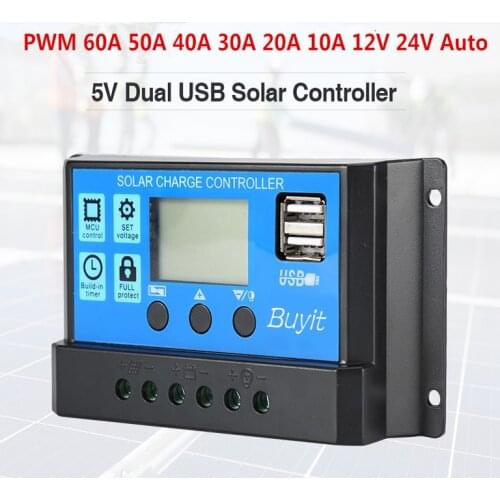 10A/20A/30A/40A/50A/60A PWM Controllers LCD Display Solar Charger Controller 12V 24V Auto 5V Dual USB Output Controller