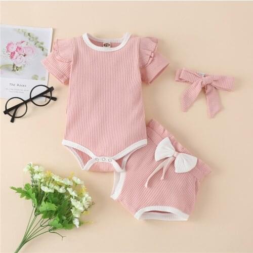 Summer Newborn Baby Boys Girls Ribbed Clothes Sets Short Sleeve O-neck Romper with Ruffles+Shorts+Bow-knot Headband