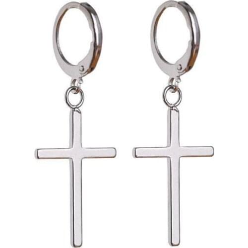 Metal Silver Color Perforated Cross Huggie Earrings Simple Jewelry