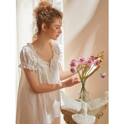 Cotton Viscose Womens Long Nightgowns Vintage Short Sleeve Sleepwear Loose Royal Sweet Girls Princess Girls Night Dress