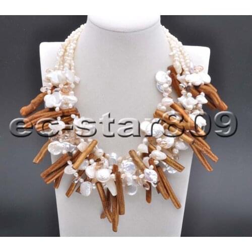 P5860 6row 18" White Baroque coin Freshwater PEARL Gold-Coral Branch Necklace Women jewelry