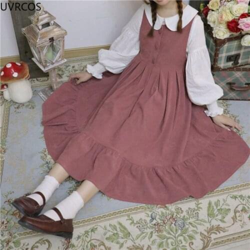 Japanese Lolita Jsk Dress Sweet Peter Pan Collar White Shirt Vintage Preppy Style Students Sling Dress Harajuku Kawaii Clothing